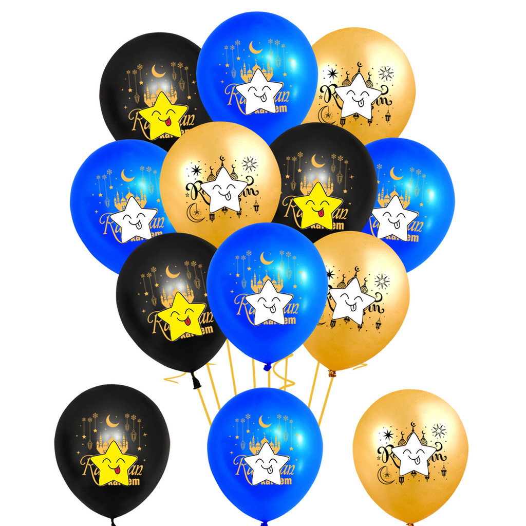 ((10 ชิ้น) Moon Festival Black Gold Blue Balloon, 12 นิ้ว Latex Balloon, ตกแต่งปาร์ตี้