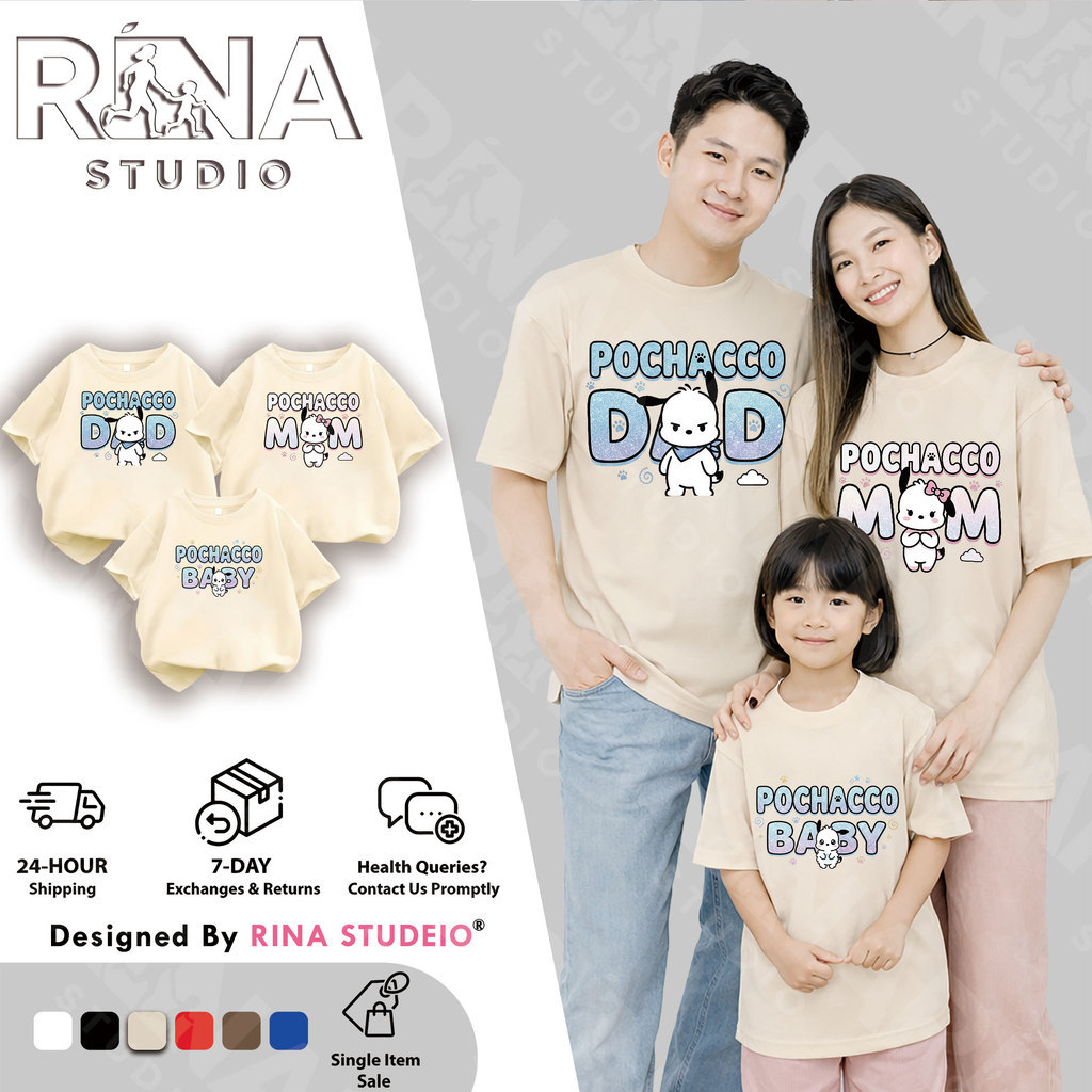 RINA STUDIO Pochacco พิมพ์ครอบครัวเสื้อยืดพ่อแม่และลูกสําหรับครอบครัวภาพ