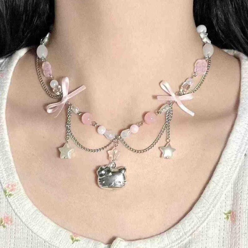 Sweet Hello Kitty Bow สร้อยคอลูกปัดผู้หญิง 2024 น่ารัก Heart Star Meteorite สร้อยคอโลหะผสม 5.6 ddd