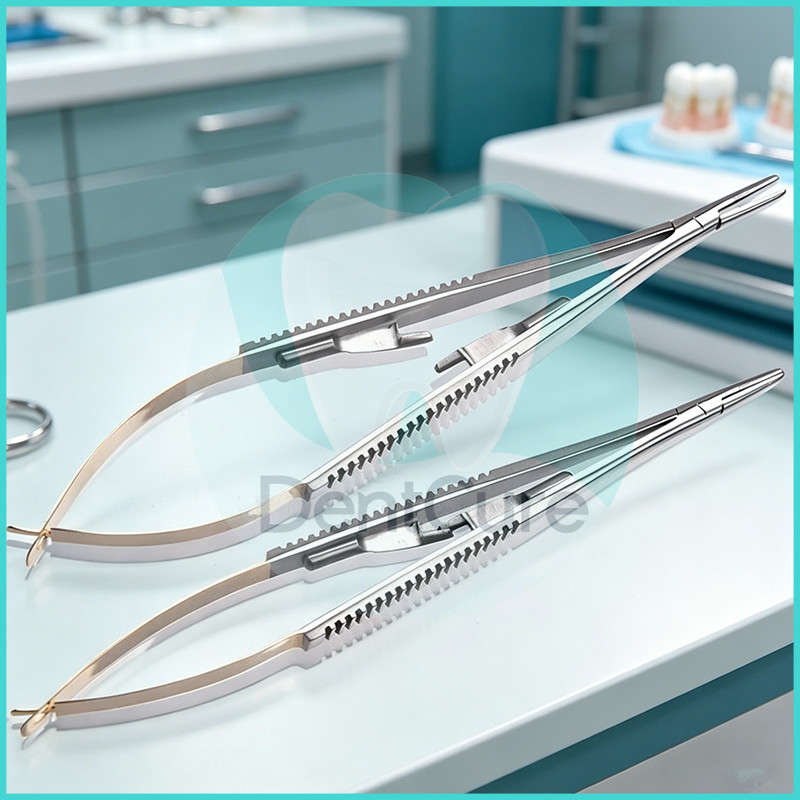 Dental Needle Holder แบบ Castroviejo ขนาด 16 ซม. - สแตนเลสคุณภาพสูง ตัวล็อคแข็งแรง ใช้ในงานปลูกฟันได้ดี (ที่คีบเข็มเย็บ)