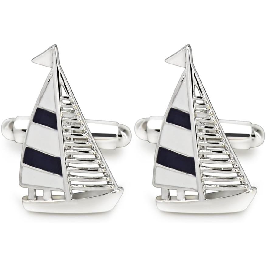 Mr.Van Sailing Boat Cufflinks for Men - Cufflinks ทองเหลืองชุบ Rhodium, 0.86x0.5 นิ้ว, ถุงของขวัญรวม