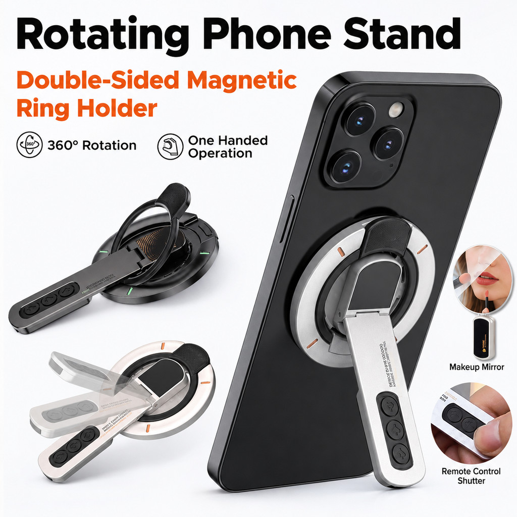 3-in-1 Magnetic Finger Ring Holder,Double-Sided หมุนขาตั้งโทรศัพท์ Grip สําหรับ iPhone 17 16 15 14 13 12 MagSafe,โลหะMulti-function Desk Bracket