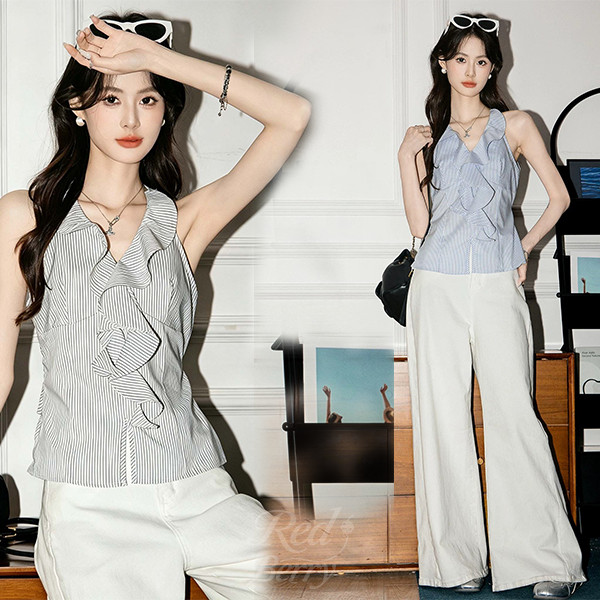 Red Berry เสื้อกล้ามลายทางแต่งระบาย คล้องคอ ฤดูร้อน แขนกุด มีปก W724