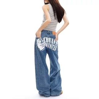 2026 American Retro Distressed Jeans Men Loose Wide-Leg Pants Women