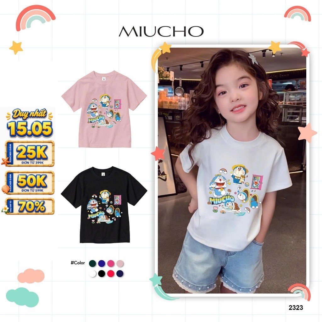 เสื้อยืด Doremon น่ารักทรงหลวมสําหรับเด็ก AED2323 Miucho Kid ผ้าคอตตอนเท่ๆ คอกลม พิมพ์ลายงานศิลปะ