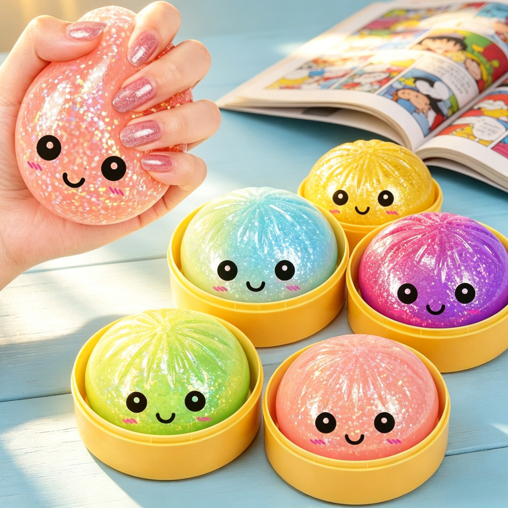 Siopao Toy Rainbow Glitter Dumpling Squishy Slime แบบพกพา Fidget ความเครียดบรรเทาของเล่นของขวัญ