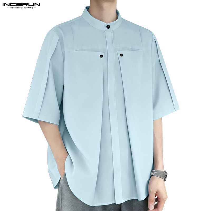 INCERUN ผู้ชายเกาหลี Minimalist Luxury Stand คอกลางแขน Destruction ปุ่มออกแบบ Pleats เสื้อ