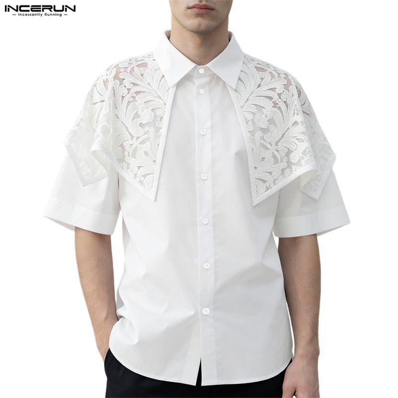 เสื้อเชิ้ตครึ่งแขนสำหรับผู้ชาย ดีไซน์ประกบไหล่และลูกไม้