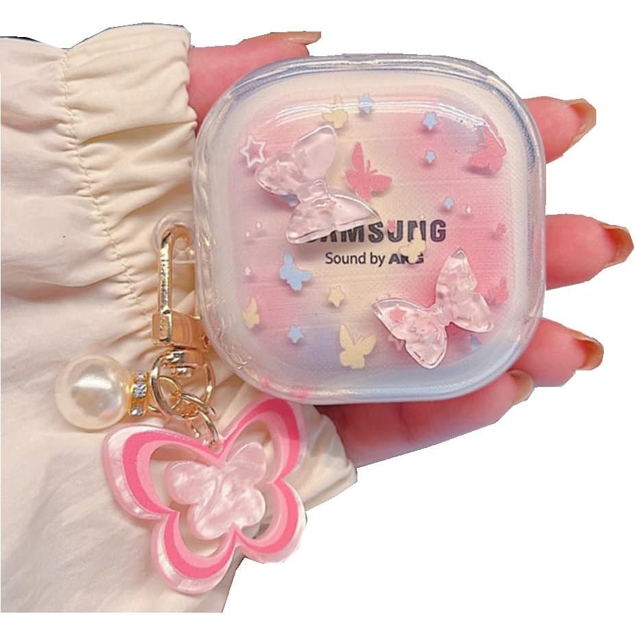 เคสสําหรับ Galaxy Buds FE/2 Pro/Pro/Live/Bud 2,Clear Flower Butterfly Headphones Full Cover,Earbuds 