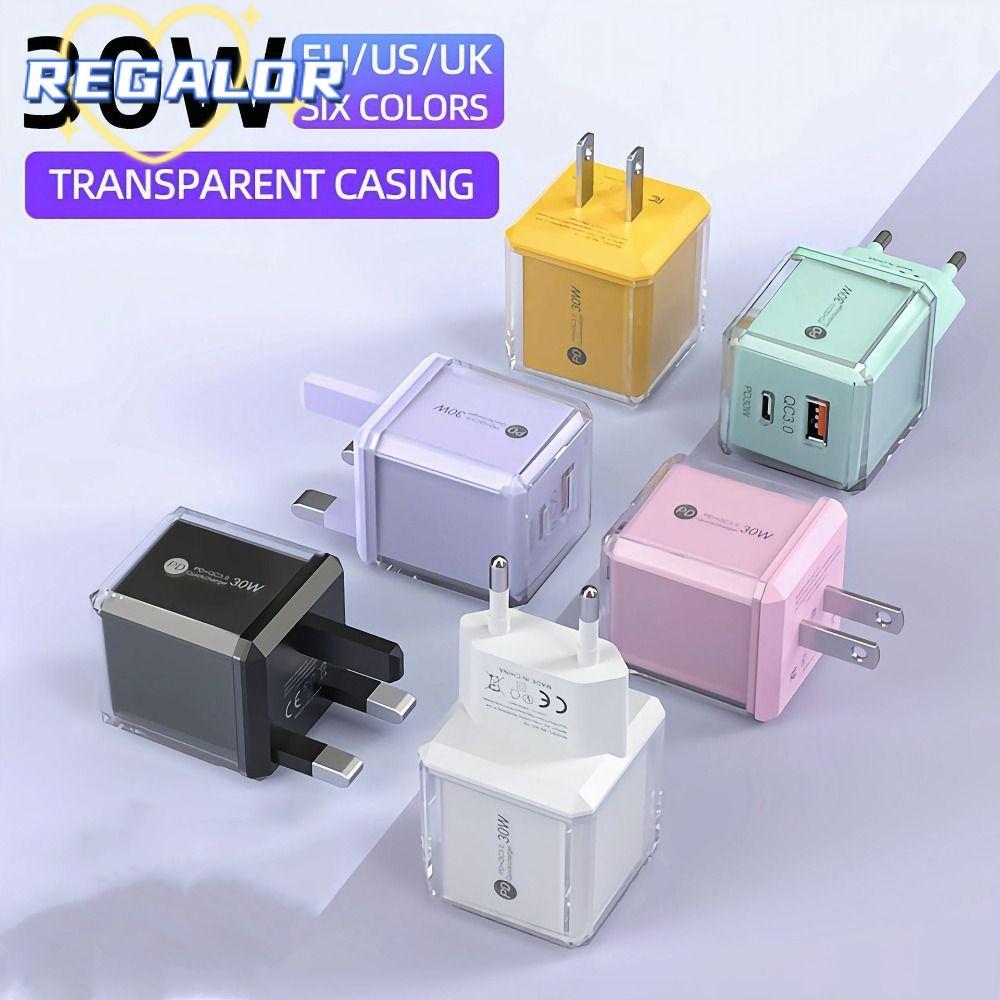 REGALOR0G PD30W ปลั๊กชาร์จ, USB A+C PD QC3.0 อะแดปเตอร์ชาร์จโทรศัพท์, หลายพอร์ต EU/US Fast Charging 