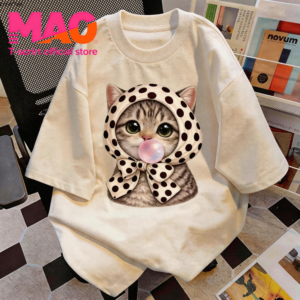 COD✅ (จัดส่งในกรุงเทพฯ) MAO Shop เสื้อยืดลายเกาหลี พิมพ์ลายแมวน่ารัก สไตล์หวานและทันสมัย