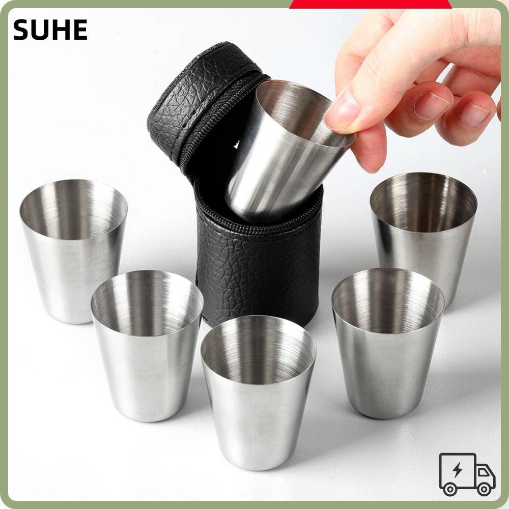 SUHE 5 ชิ้น/เซ็ต 30/70ml แก้วเครื่องดื่ม,ปฏิบัติกลางแจ้งถ้วยสแตนเลส,แบบพกพามินิชุด Travel Camping Drinkware สําหรับ Whisky