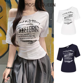 MOSESQUEEN สไตล์เกาหลี เสื้อยืดแขนสั้นลายไหล่เฉียง สำหรับผู้หญิง ทรงกระชับเอว #63649