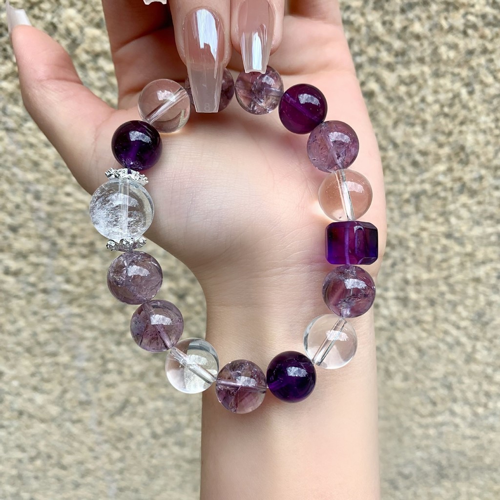 สร้อยข้อมืออเมทิสต์ธรรมชาติ, องค์ประกอบที่ดีสีม่วง, เครื่องประดับที่ทําจากลูกปัดสไตล์จีนแบบดั้งเดิม, ดีไซน์ดั้งเดิม, พร้อมสร้อยข้อมือคริสตัลสีขา