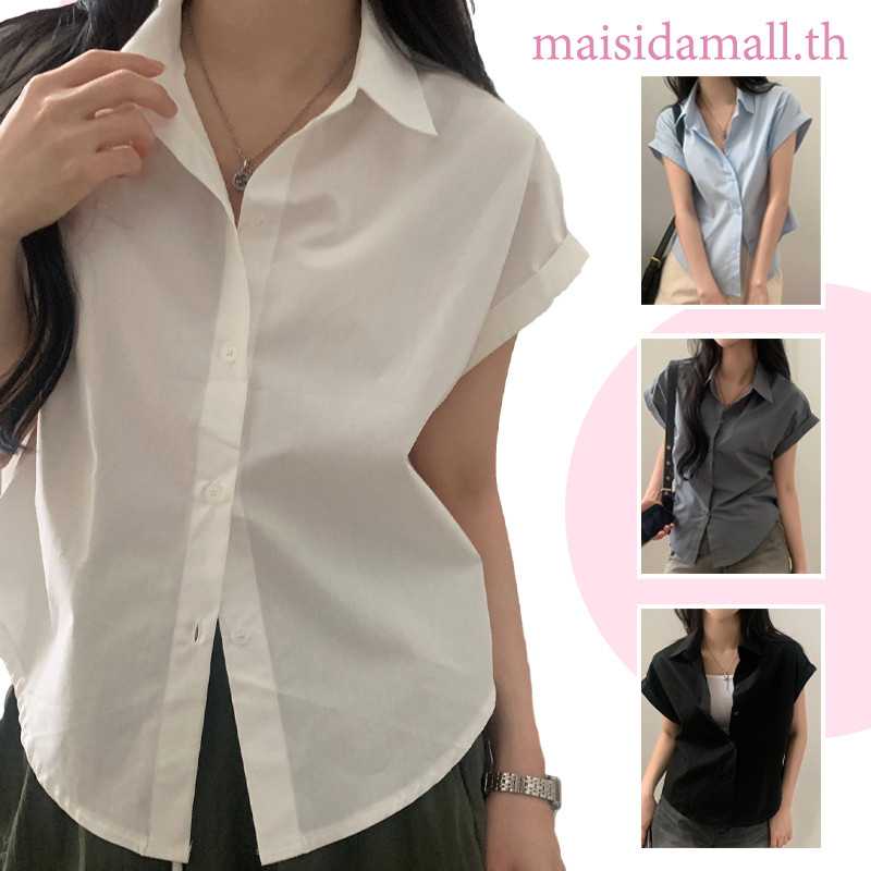 【พร้อมส่ง】MSD เสื้อเชิ้ตแขนสั้นพลัสไซซ์สำหรับสตรี ดีไซน์คอปก สีทึบในสไตล์เกาหลี