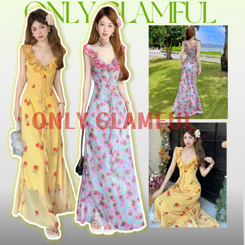 ONLY GLAMFULวันหยุดริมทะเลสไตล์หวานด้านเชื้อราชุดดอกไม้ฤดูร้อนกระชับเอวการทำตัวให้ผอมกระโปรงยาว ผ้าทูล