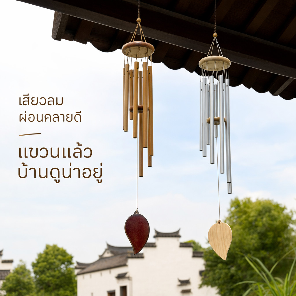 กระดิ่งลมฮวงจุ้ยระฆังนําโชคอลูมิเนียมไม้แขวนระเบียงประตูตกแต่งบ้านเสน่ห์ความเจริญรุ่งเรือง