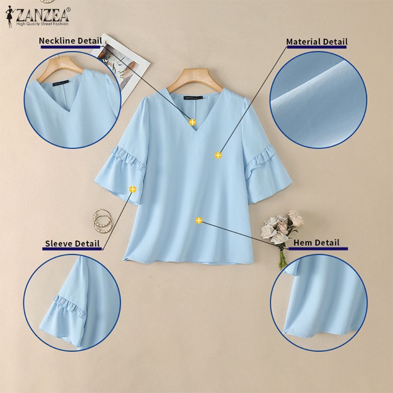 ZANZEA เสื้อผ้าแฟชั่นเกาหลี ทรง Elegant V-neck พร้อมกระดุมระบายสองชั้น เหมาะสำหรับวันสำคัญหรือโอกาสพิเศษ — صورة 8