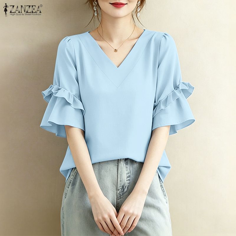 ZANZEA เสื้อผ้าแฟชั่นเกาหลี ทรง Elegant V-neck พร้อมกระดุมระบายสองชั้น เหมาะสำหรับวันสำคัญหรือโอกาสพิเศษ — صورة 6