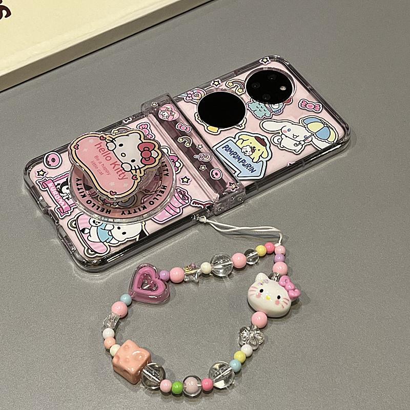 เหมาะสําหรับ Samsung Galaxy Z Flip 7/Z Flip 6 การ์ตูน KT Cat ผู้ถือแม่เหล็กโซ่เคสโทรศัพท์ lanyard พั