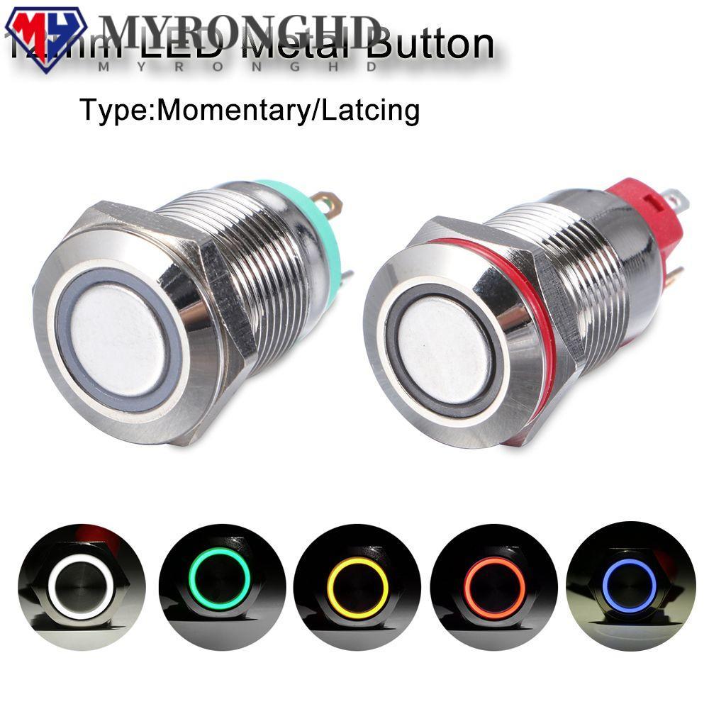 MYRONGHD ใหม่ สวิตช์ปุ่มกดโลหะ LED 3V 5V 9V 12V 24V 110V 220V 12 มม. กันน้ํา สีแดง ฟ้า เขียว เหลือง ขาว