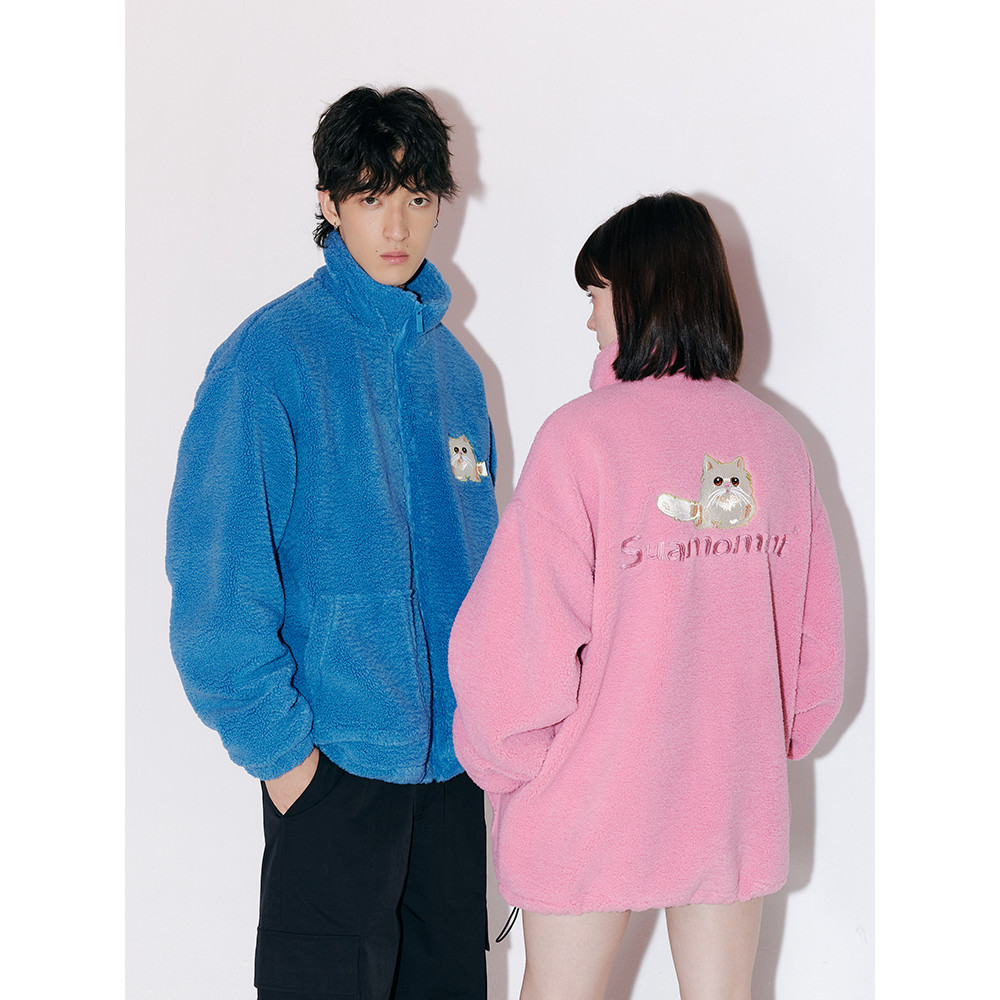 [สไตล์เดียวกับ Zhang Miaoyi] SUAMOMENT เสื้อแจ็คเก็ตคู่รักตุ๊กตาเนื้อแกะพิมพ์ลายแมว