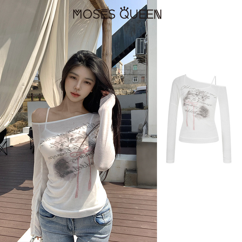 < MOSESQUEEN > เสื้อเบลาส์กันแดดกึ่งโปร่งใสน้ําหนักเบาพิมพ์ลายเล็กน้อยพร้อมด้านบนแขนยาวเปิดไหล่โปร่ง #63510