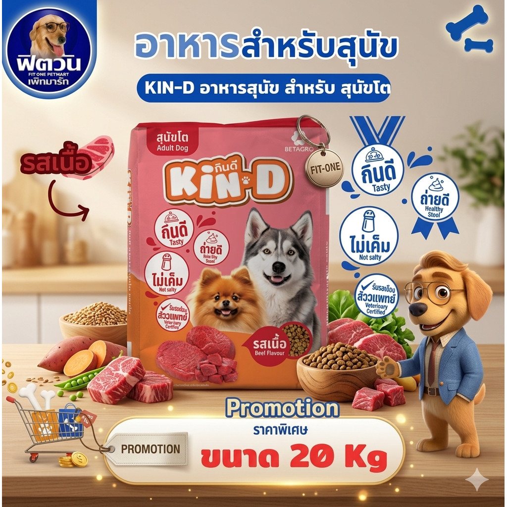 อาหารสุนัขโต KIN D กินดี  รสเนื้อ 20 KG
