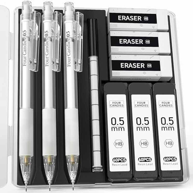 Four Candies Cute Mechanical Pencil Set with Case - 3PCS Pencils 0.7mm with 180PCS HB Lead Refills, 