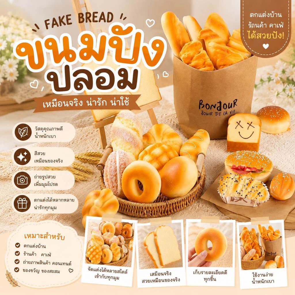 ขนมปังปลอม โมเดลขนมปัง ขนาดเท่าขนมจริง สัมผัสนิ่ม บางแบบมีกลิ่นหอมคล้ายขนมเลย เหมาะตกแต่งร้าน พร็อพถ่ายรูป