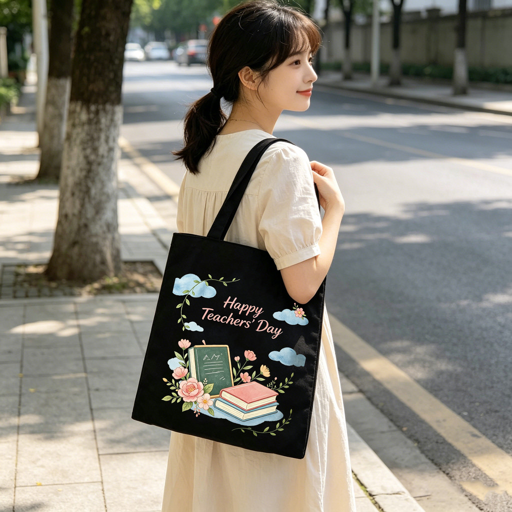 Happy Teacher Day Tote Bag Canvas - The Best Teacher Beg Tote Wanita