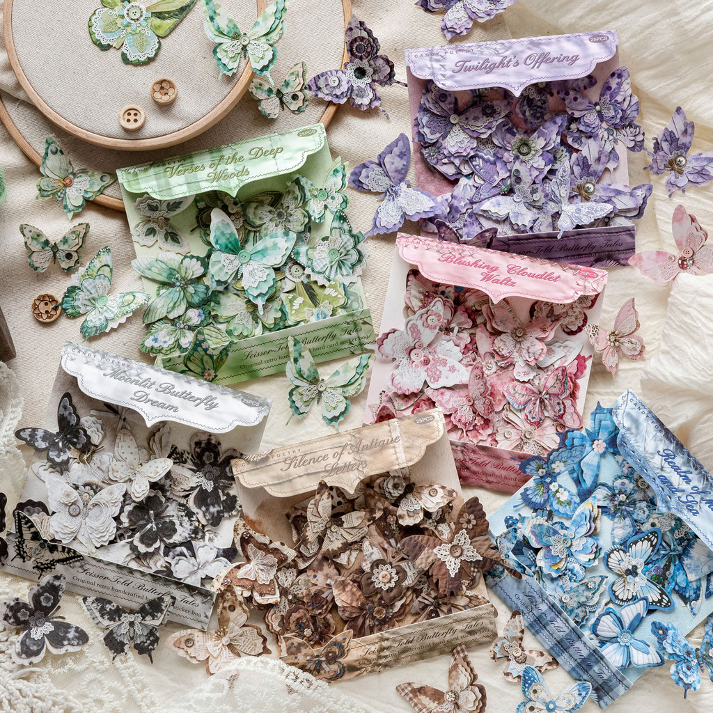 QOUZMO Retro Butterfly Sticker Pack, 25 ชิ้น Vintage Hard Card Decals ที่มีเนื้อ, ความงามสติกเกอร์สําหรับสมุดภาพ Journal ซองจดหมาย Handmade Craft