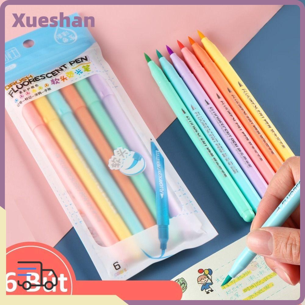 XUEXII 6 ชิ้น/เซ็ตปากกามาร์กเกอร์, ชุดปากกาเน้นข้อความพู่กันปลายอ่อนหลากสี, อุปกรณ์เครื่องเขียนสํานักงานพลาสติก