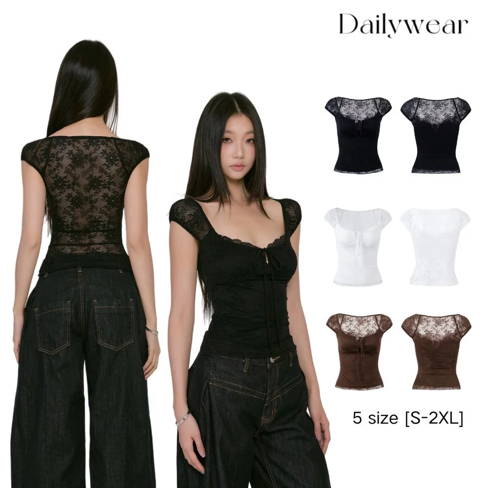 Dailywear พร้อมส่ง ✨ เสื้อยืดคอเหลี่ยมผูกโบว์โปร่งสีดำ/ขาว ทรงเข้ารูป เสื้อครอปขอบลูกไม้สำหรับผู้หญิงสำหรับหน้าร้อน