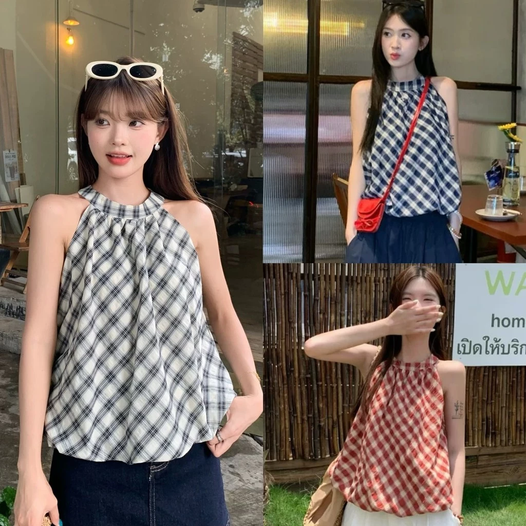 Fairy พร้อมส่งในไทย เสื้อแขนกุด ทรงบอลลูนลายสก็อต ดีเทลจั้มช่วงเอว มีซับในผ้าร่มทั้งตัว ทรงหลวมใส่สบาย #CS1107