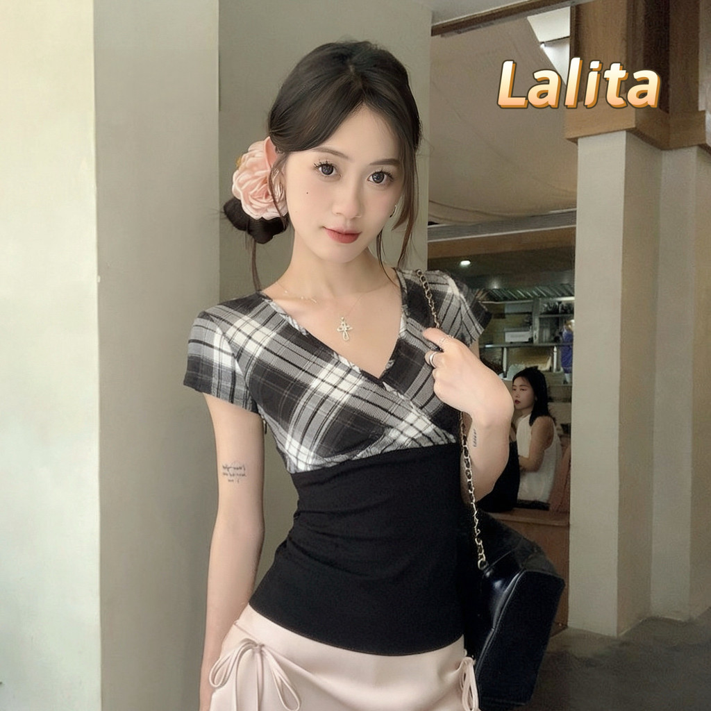 Lalita ส่งไวจากไทย เสื้อยืดผู้หญิง แขนสั้น ลายตาราง การต่อเชื่อม สไตล์อเมริกัน ใส่สบาย น่ารัก