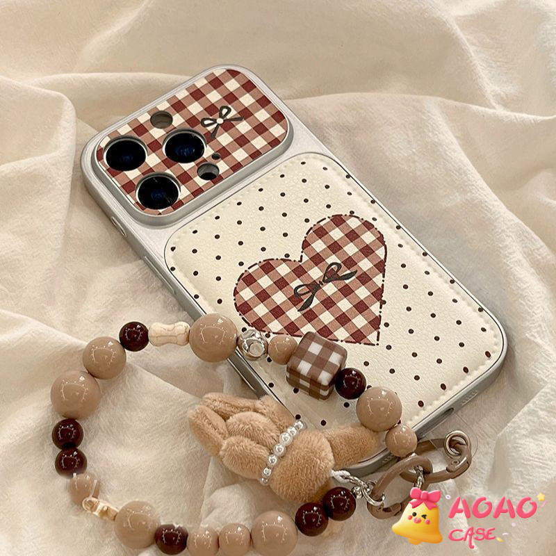 เคสไอโฟน17 ลายจุดตารางหัวใจสไตล์เกาหลี ขอบเงินหนังนิ่ม สำหรับ iPhone 12 15 Pro 11 16 13 14 Plus 17 Pro Max เคสกันกระแทก