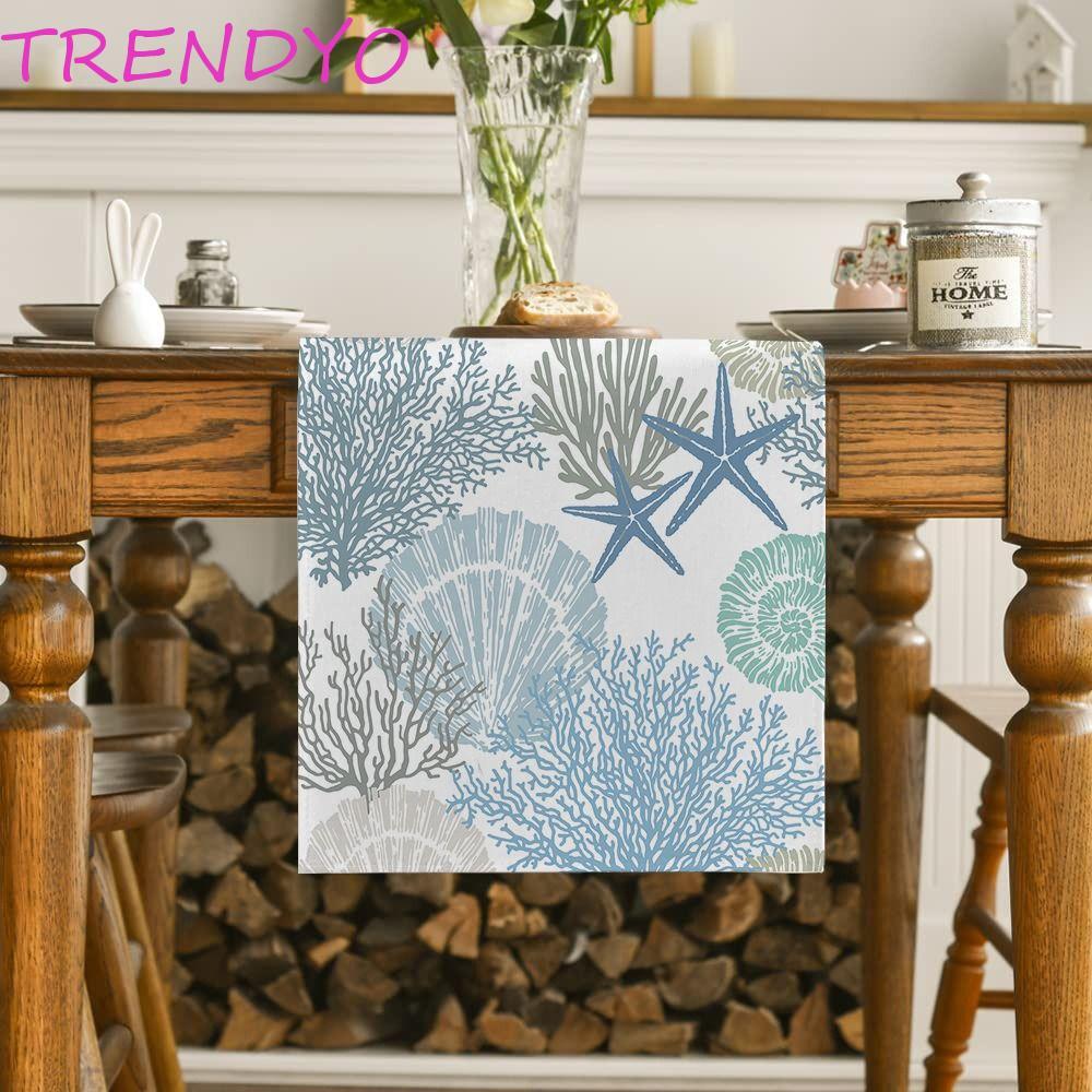TRENDYO Ocean Table Runner, Shell Coral Table Cover, Home Decor ลายปลาดาวสี่เหลี่ยมผ้าลินินผ้าปูโต๊ะตกแต่งโต๊ะ