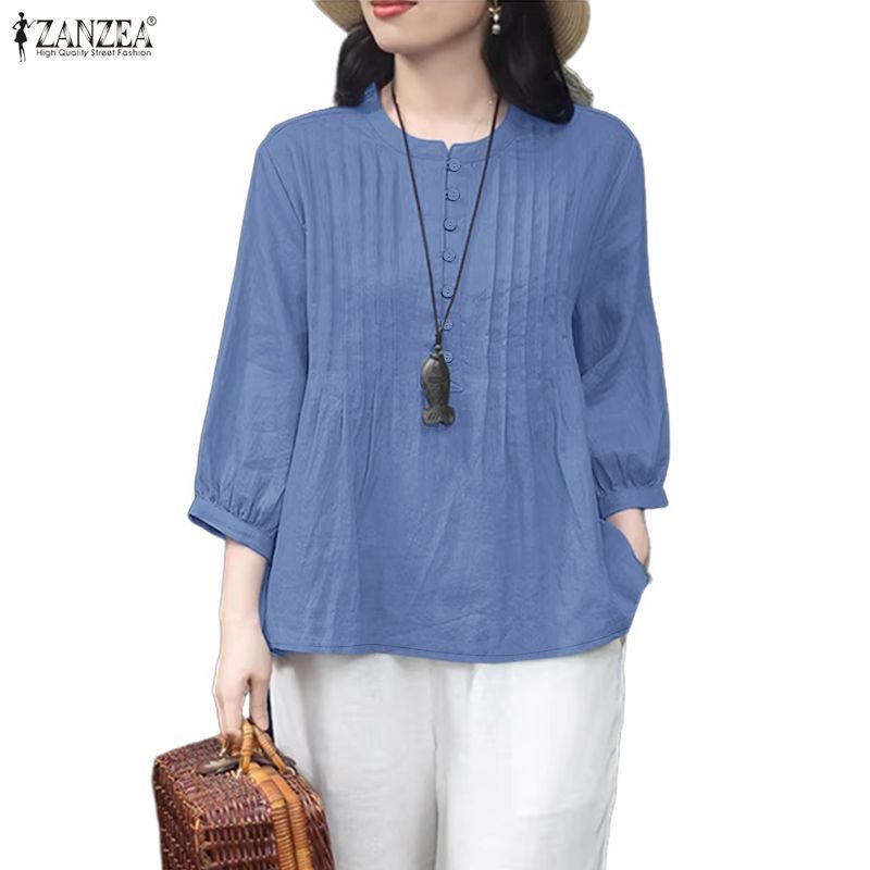 ZANZEA เสื้อเชิ้ตสีทึบแขนยาวสไตล์เกาหลีสําหรับผู้หญิง