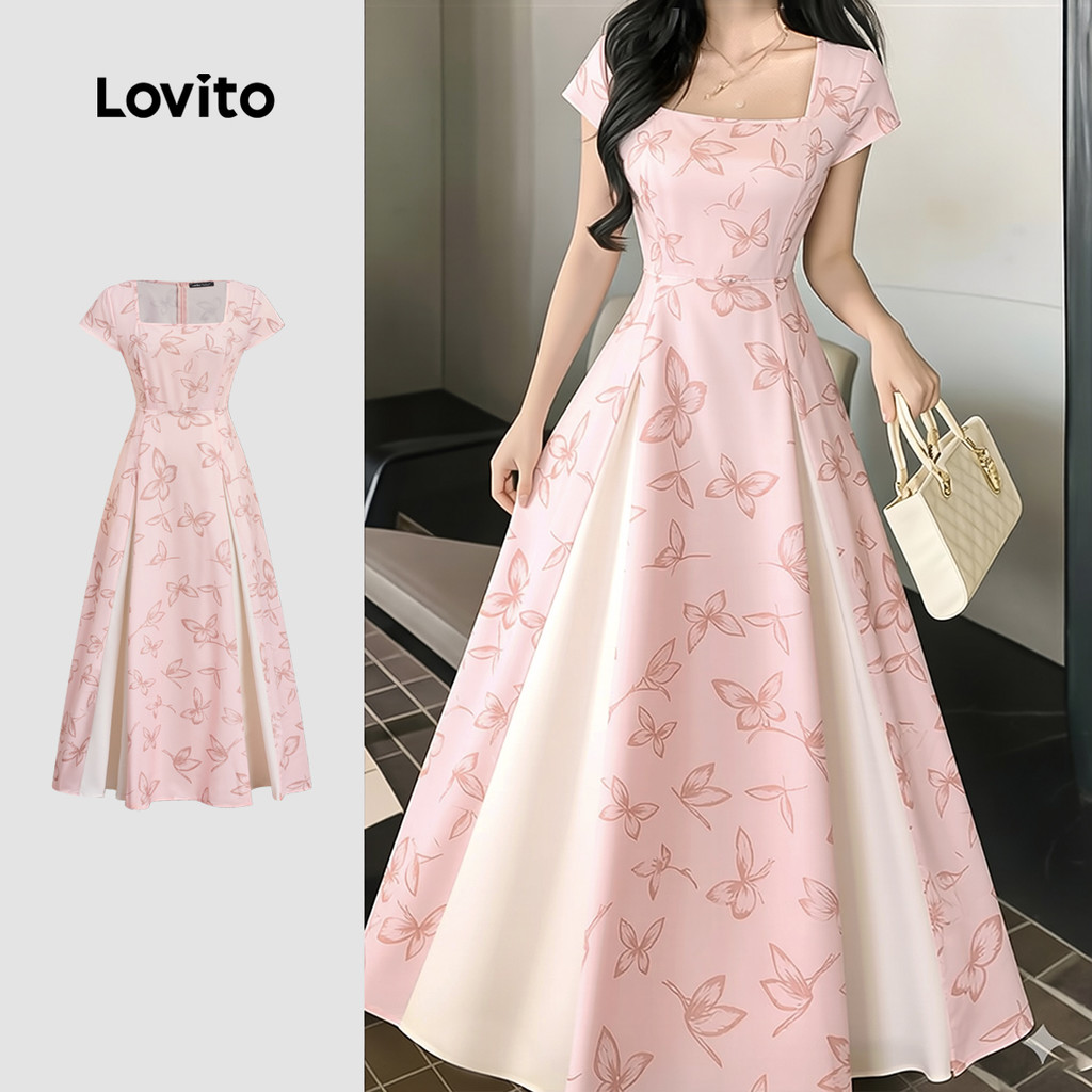 Lovito เดรสโบโฮ บล็อกสีสําหรับฤดูใบไม้ผลิ/ฤดูร้อน สีชมพู สําหรับผู้หญิง LK2ED163
