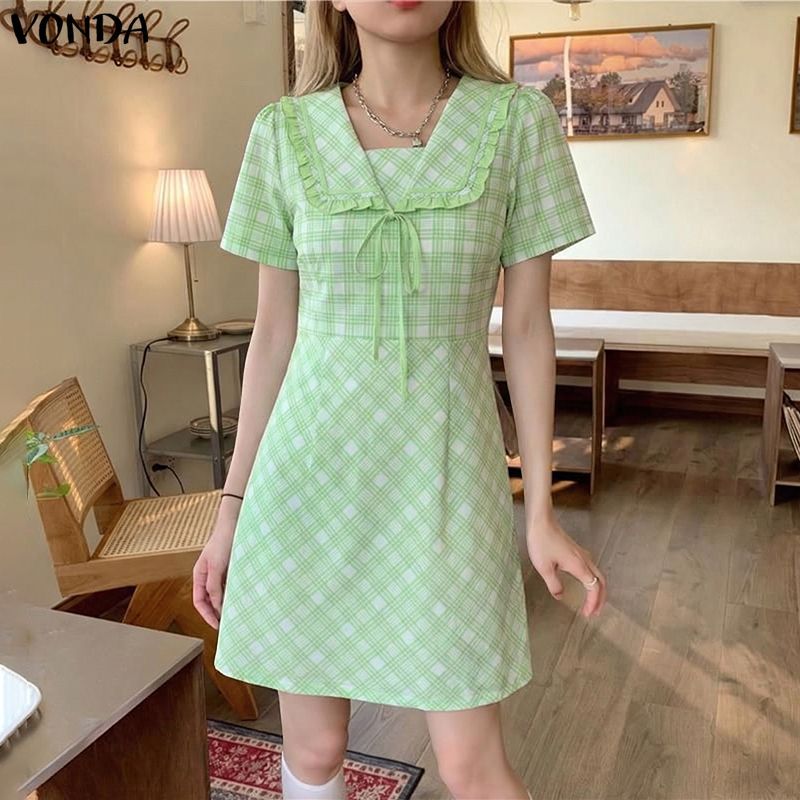 VONDA ผู้หญิงเกาหลีหวานสไตล์วิทยาลัยปกแขนสั้น Tie-Up Bows ลายสก๊อต A-Line ชุดเดรสสายเดี่ยว — صورة 4