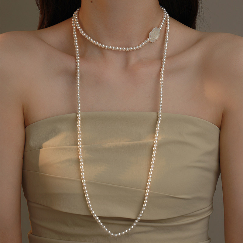 Mother-Oyster Rose สร้อยคอไข่มุกรุ่นยาวสองชั้น สไตล์หรูหราสำหรับผู้หญิง BN06