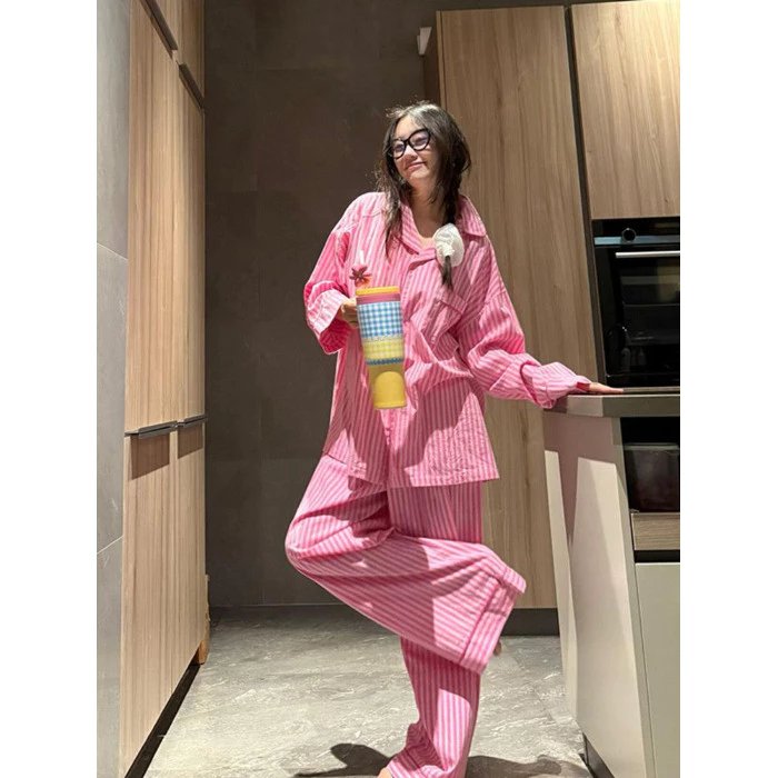 เกาหลี Lazy Stripe ชุดนอน Raya ผู้หญิงแขนยาวกางเกงขายาว Plus ขนาด Loungewear หลวมสบายๆของขวัญสวมใส่ Sedon ภายนอกชุดนอน