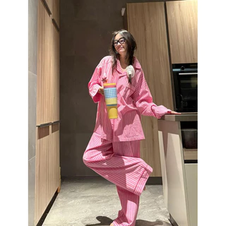 เกาหลี Lazy Stripe ชุดนอน Raya ผู้หญิงแขนยาวกางเกงขายาว Plus ขนาด Loungewear หลวมสบายๆของขวัญสวมใส่ Sedon ภายนอกชุดนอน