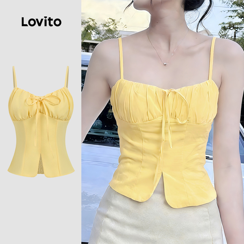 Lovito เสื้อสีเหลืองแบบลําลอง ผูกด้านหน้า ผ่าหน้า สําหรับฤดูร้อน/ฤดูใบไม้ผลิ สําหรับผู้หญิง L190ED682