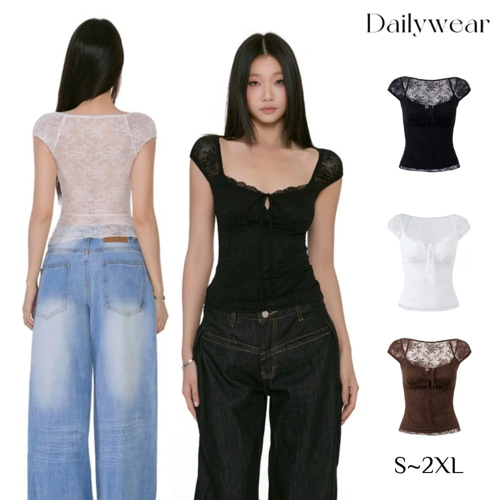 Dailywear พร้อมส่ง ✨ เสื้อยืดแขนกุดผ้าลูกไม้สีดำ สไตล์ใหม่สำหรับฤดูร้อน ทรงเข้ารูป ดีไซน์เว้าหลัง เซ็กซี่และเก๋ไก๋