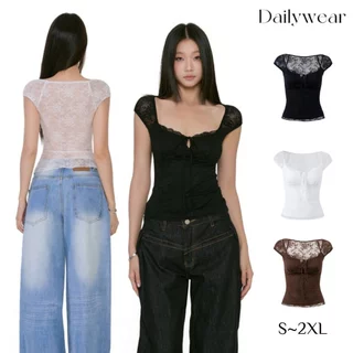 Dailywear พร้อมส่ง ✨ เสื้อยืดแขนกุดผ้าลูกไม้สีดำ สไตล์ใหม่สำหรับฤดูร้อน ทรงเข้ารูป ดีไซน์เว้าหลัง เซ็กซี่และเก๋ไก๋