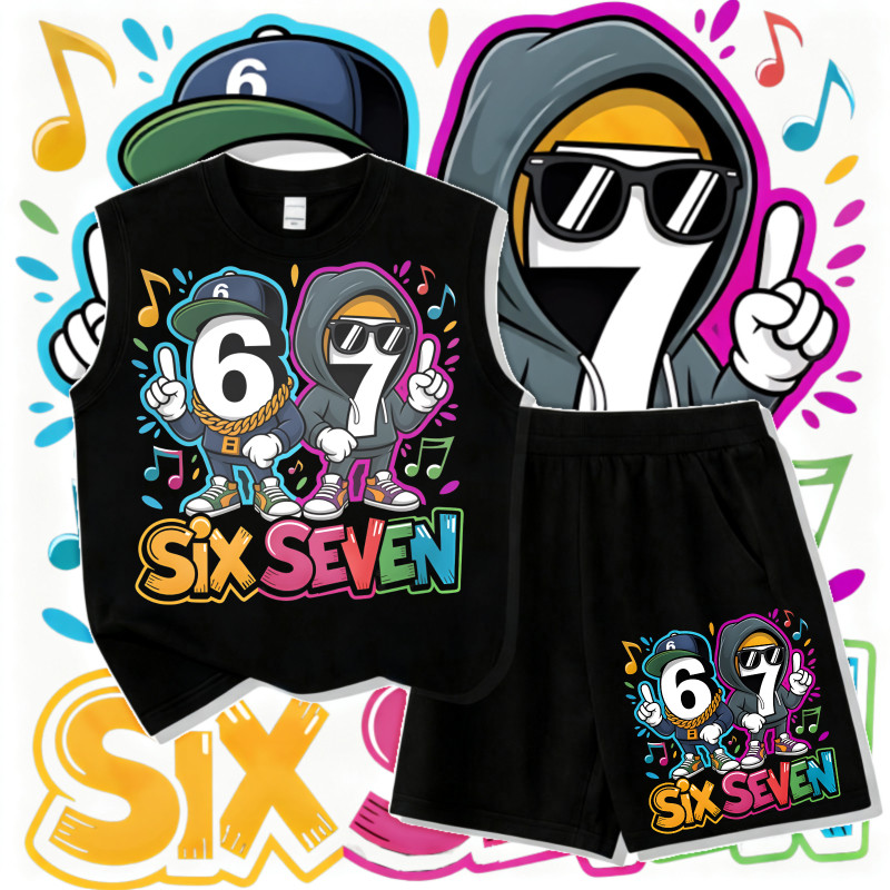 เซ็ตเสื้อกล้าม+กางเกงขาสั้นเด็กผู้ชาย ลายการ์ตูนฮิปฮอป 6&7 สไตล์สตรีทแวร์ฤดูร้อน