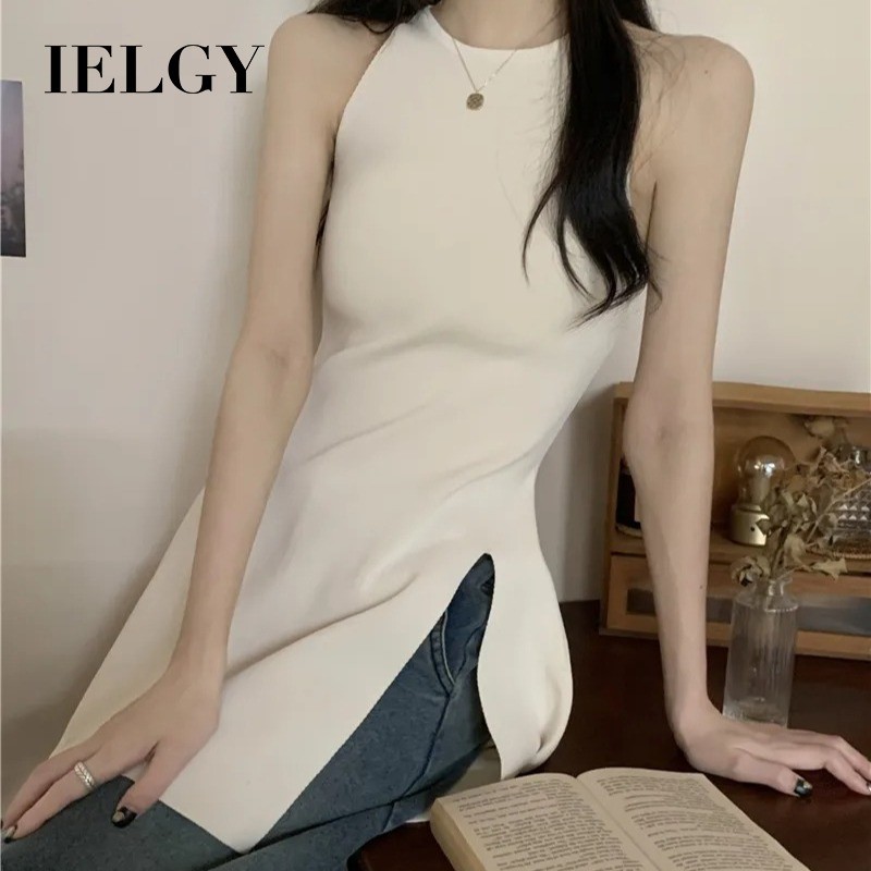 IELGY Slit Slim-fit Slimmer ดูแขนกุดถักกลางความยาวเสื้อกั๊ก Top