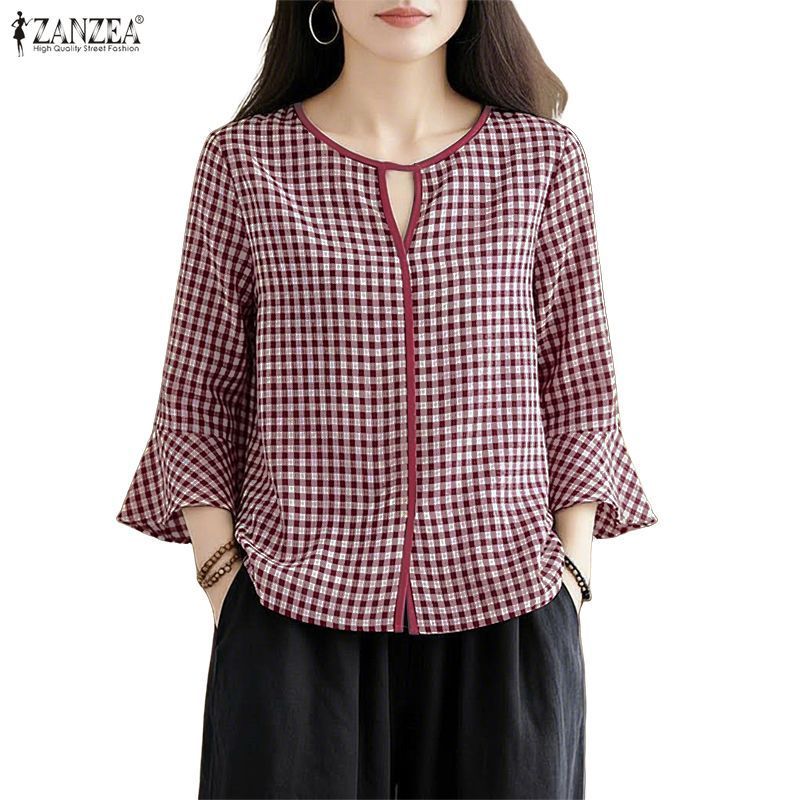 ZANZEA ผู้หญิง คอกลม Hollowed Design แขนเสื้อรัดรุ่นลายสก๊อต เหมาะสำหรับทั้งฤดูใบไม้ผลิและใบไม้ร่วง